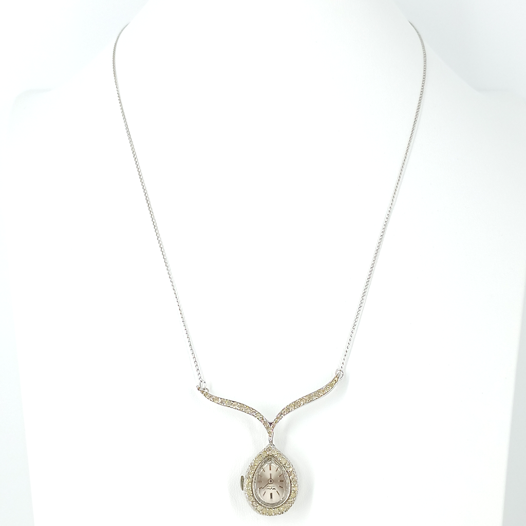 Vintage Wyler Incaflex Teardrop Watch Pendant Necklace – Swiss Made Rhinestone Halo, Mid-Century Elegance