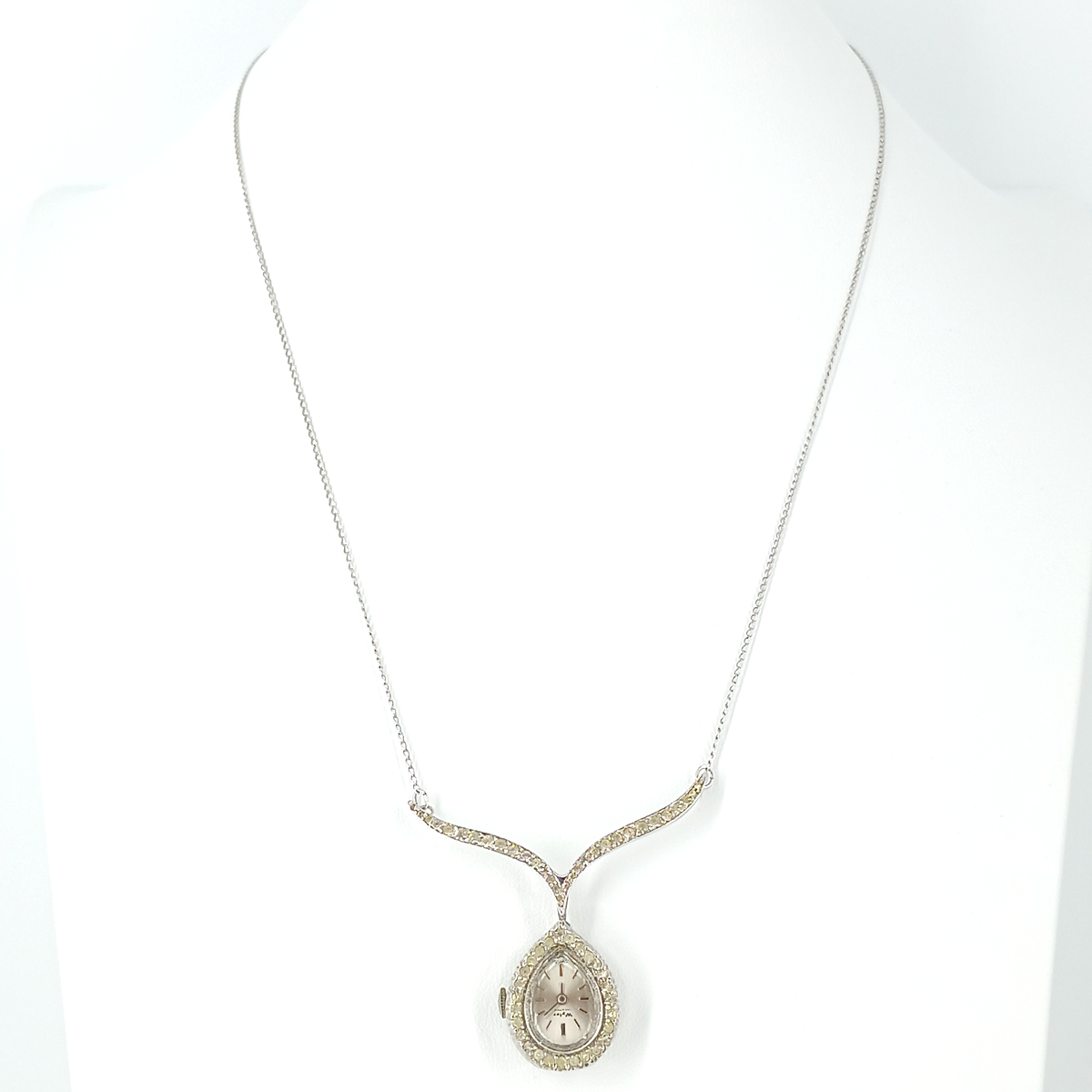 Vintage Wyler Incaflex Teardrop Watch Pendant Necklace – Swiss Made Rhinestone Halo, Mid-Century Elegance