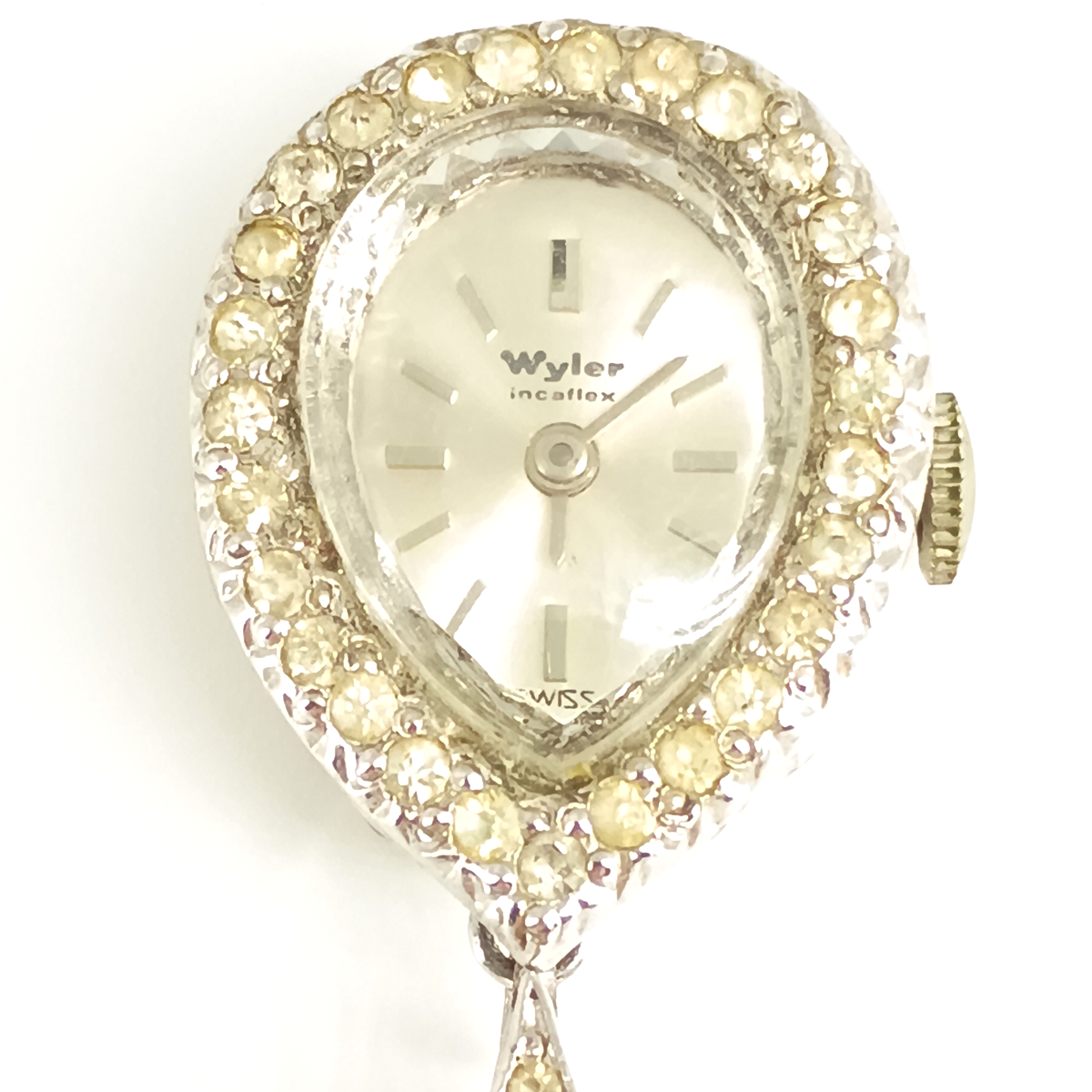 Vintage Wyler Incaflex Teardrop Watch Pendant Necklace – Swiss Made Rhinestone Halo, Mid-Century Elegance
