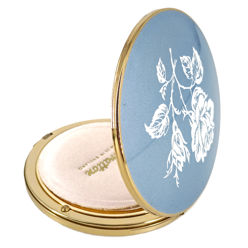 1960s Stratton Convertible Compact Blue Enamel Rose Design Powder Compact Made in England