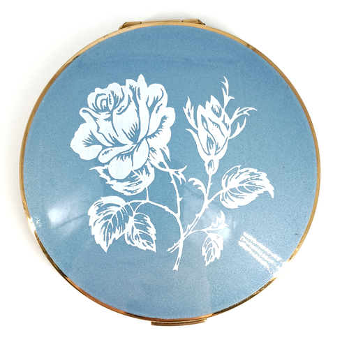 1960s Stratton Convertible Compact Blue Enamel Rose Design Powder Compact Made in England