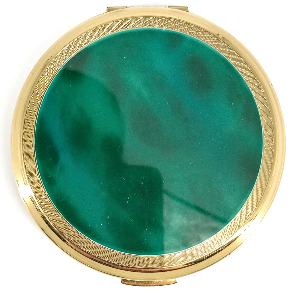 Stratton London Emerald Enamel Compact – Vintage 1950s Gold Tone Powder Case with Mirror & Puff