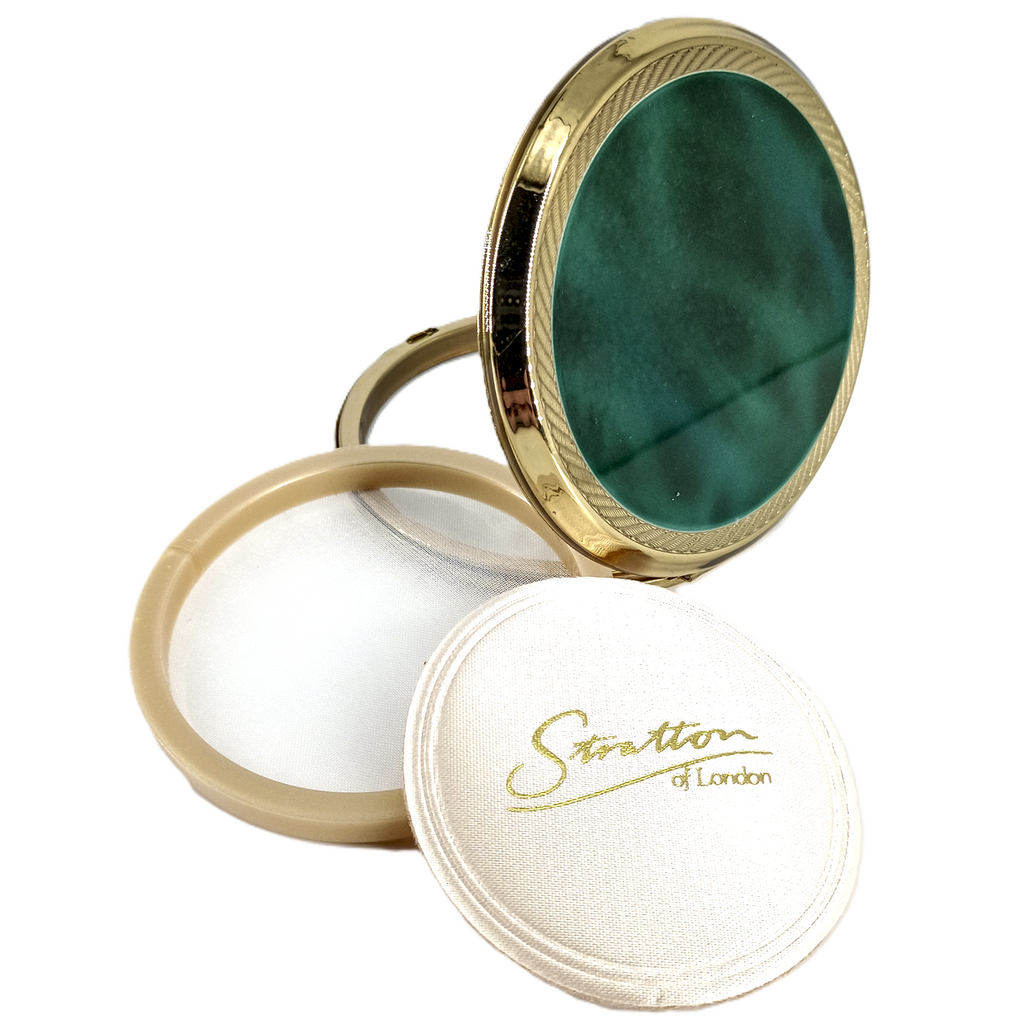 Stratton London Emerald Enamel Compact – Vintage 1950s Gold Tone Powder Case with Mirror & Puff