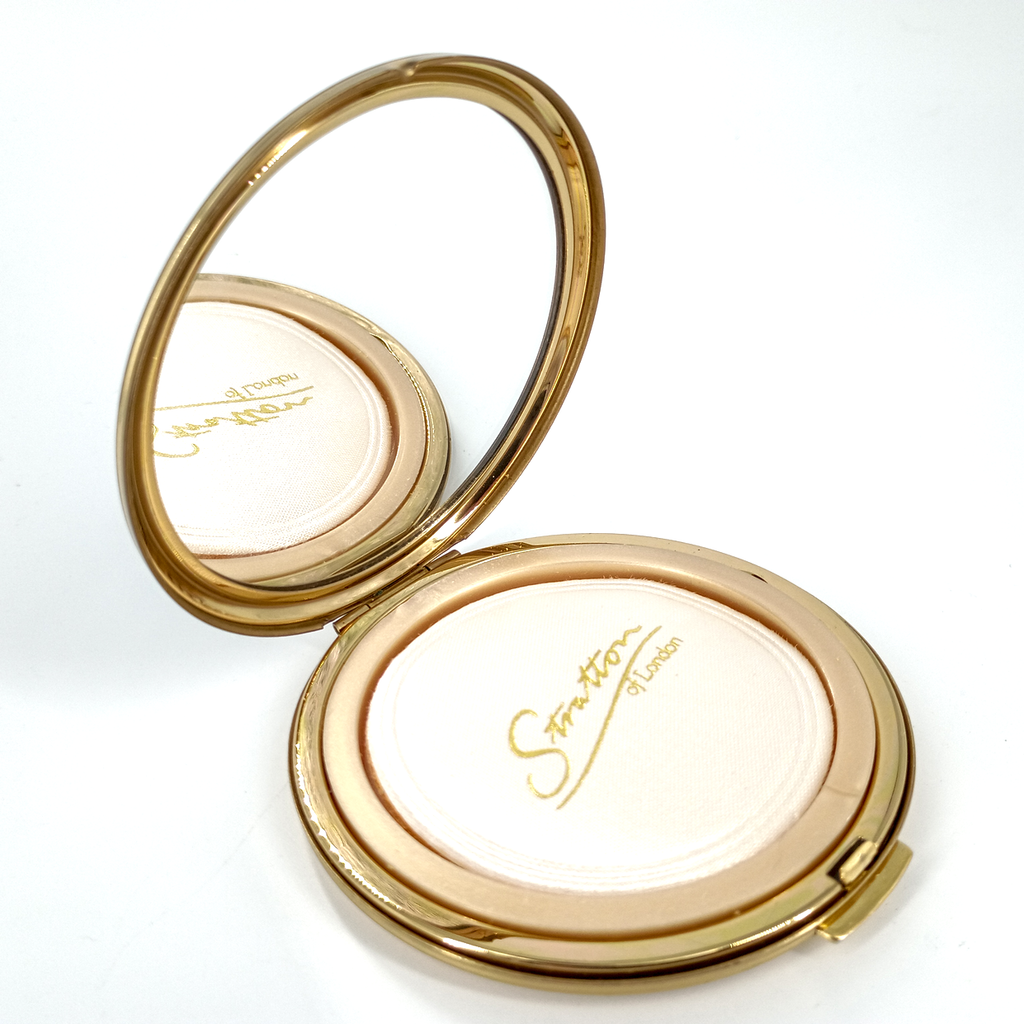 Stratton London Emerald Enamel Compact – Vintage 1950s Gold Tone Powder Case with Mirror & Puff