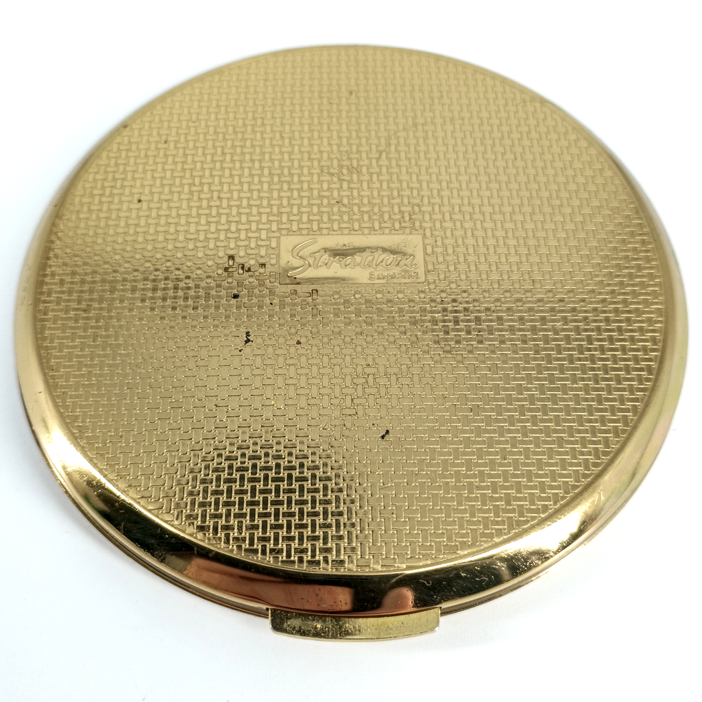 Stratton London Emerald Enamel Compact – Vintage 1950s Gold Tone Powder Case with Mirror & Puff