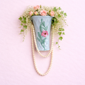 Vintage Pale Blue Floral Wall Planter with Pink Blossom Motif