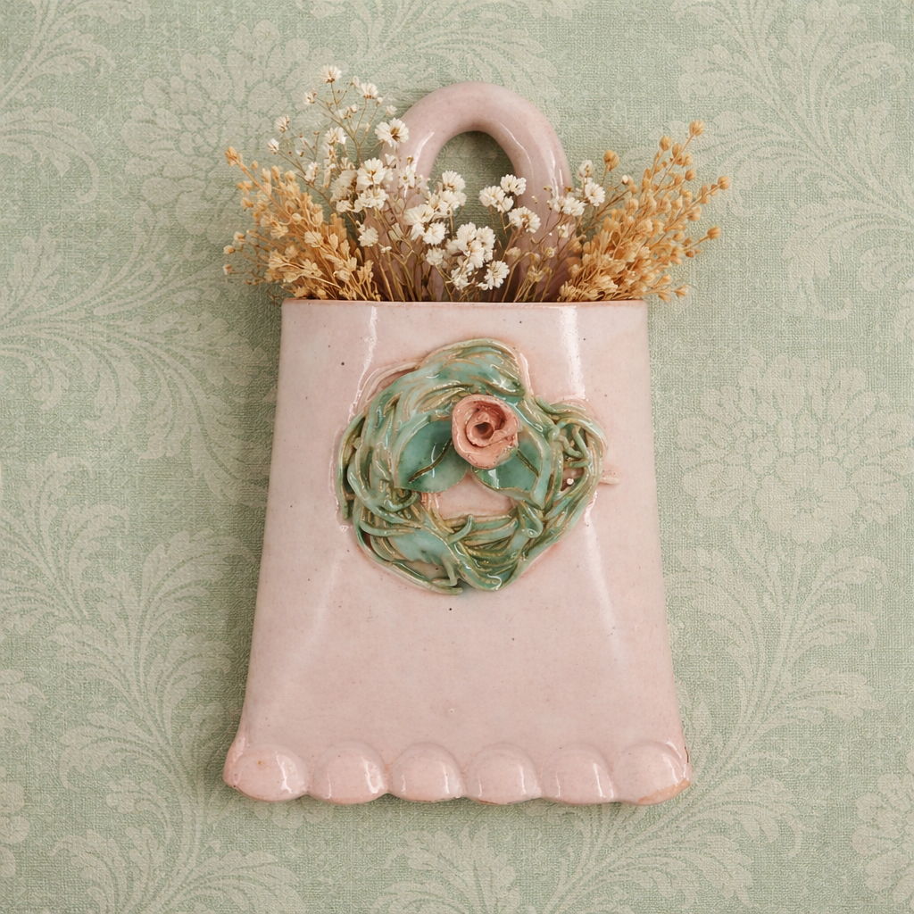Vintage Miniature Wall Pocket Planter, Pink Ceramic with Green Floral Wreath