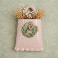 Vintage Miniature Wall Pocket Planter, Pink Ceramic with Green Floral Wreath