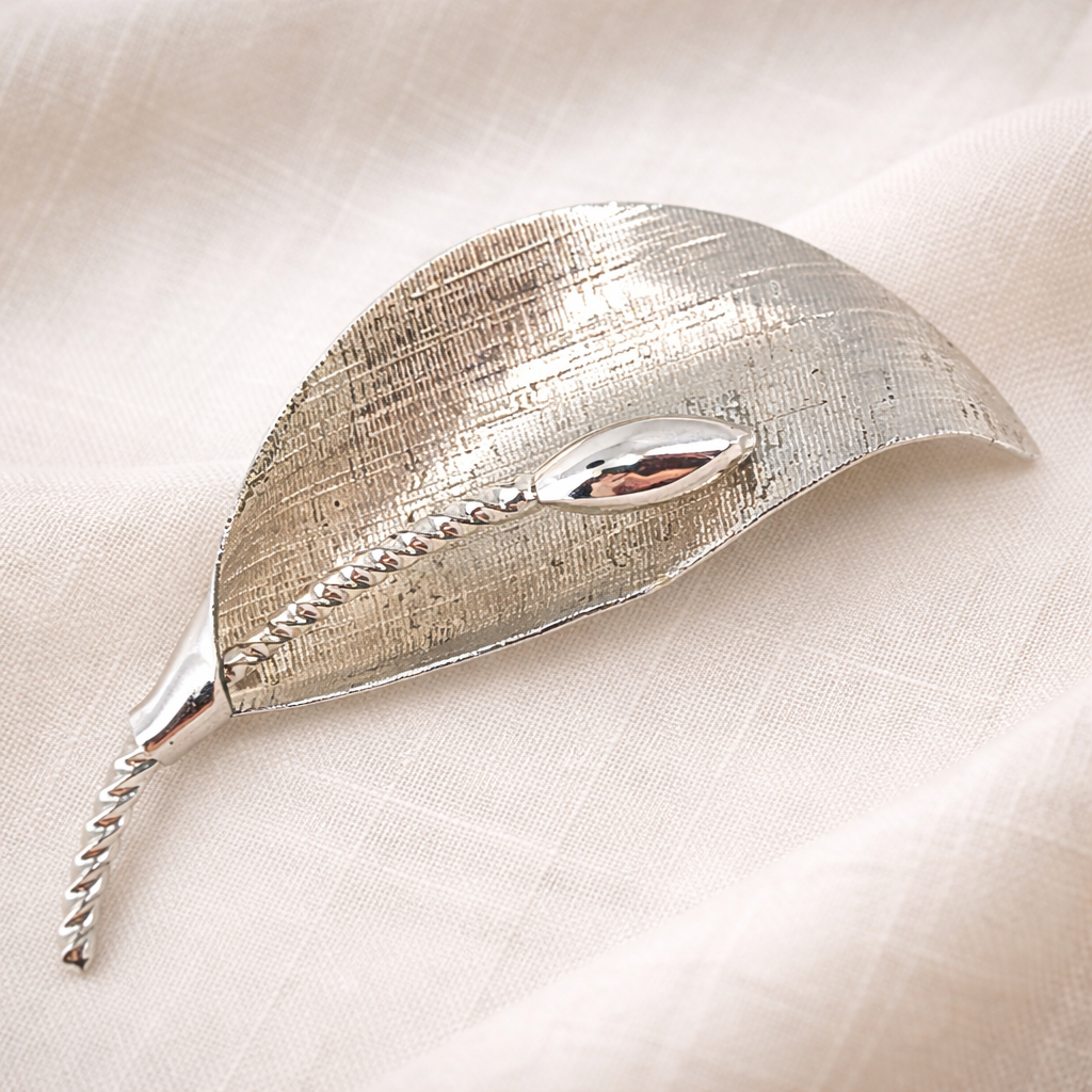 Vintage Sterling Silver Leaf Brooch, Textured Modernist Design, Mid Century Organic Form Pin