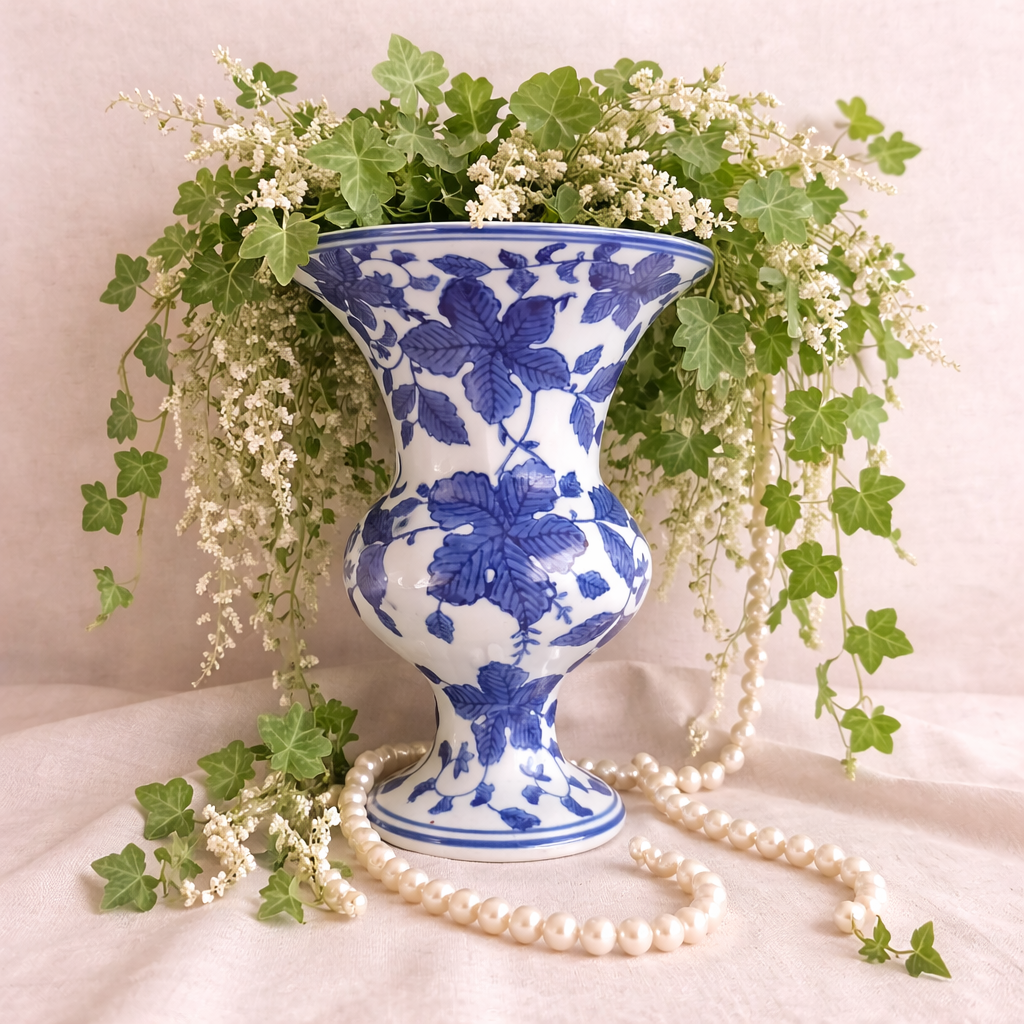 Elegant Vintage Blue & White Chinoiserie Porcelain Wall Pocket Planter