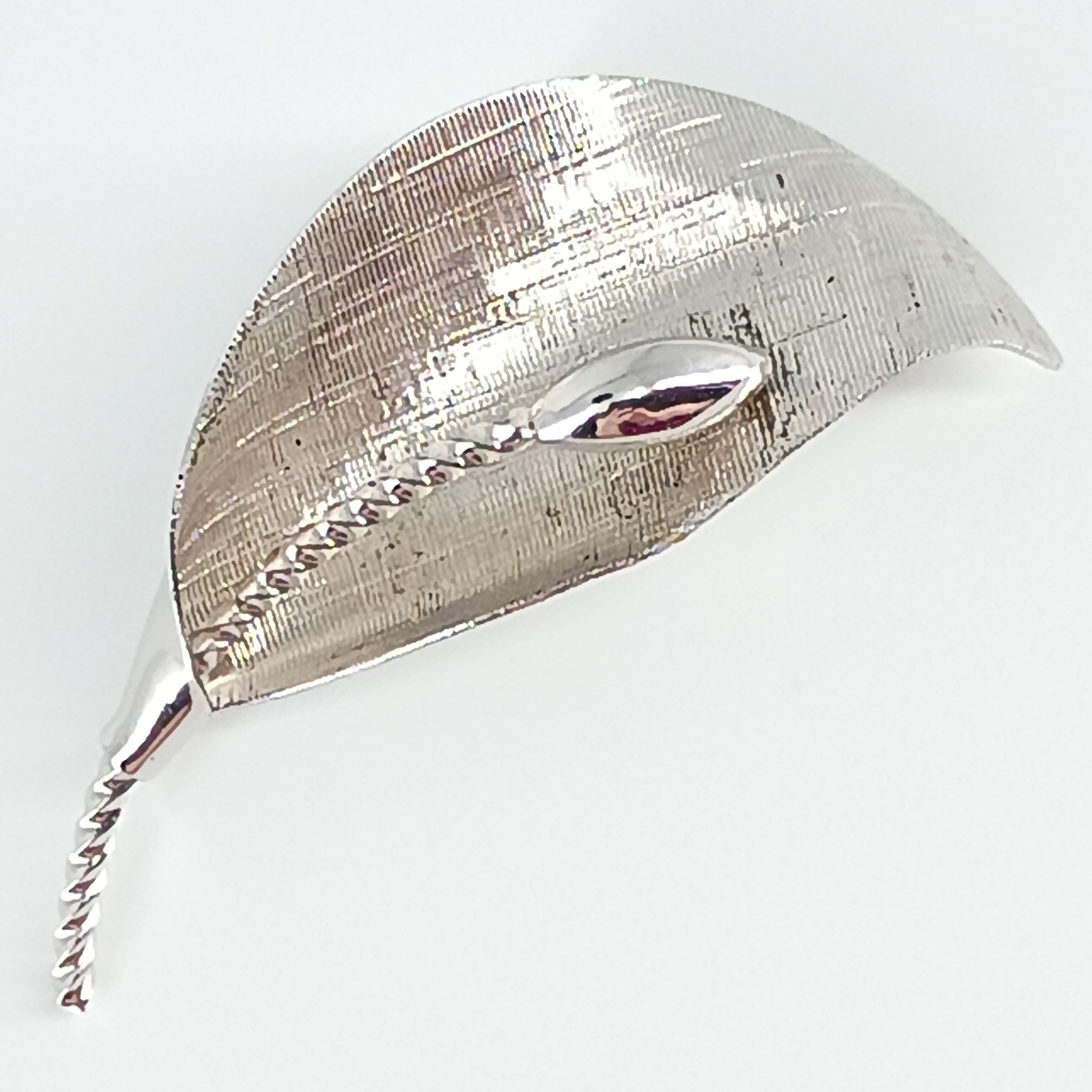 Vintage Sterling Silver Leaf Brooch, Textured Modernist Design, Mid Century Organic Form Pin