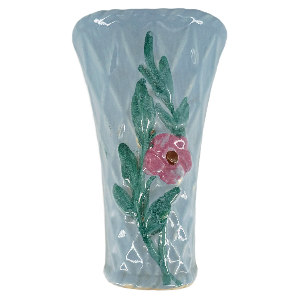 Vintage Pale Blue Floral Wall Planter with Pink Blossom Motif