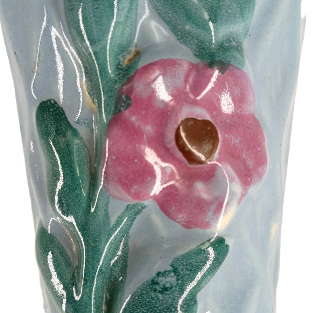 Vintage Pale Blue Floral Wall Planter with Pink Blossom Motif