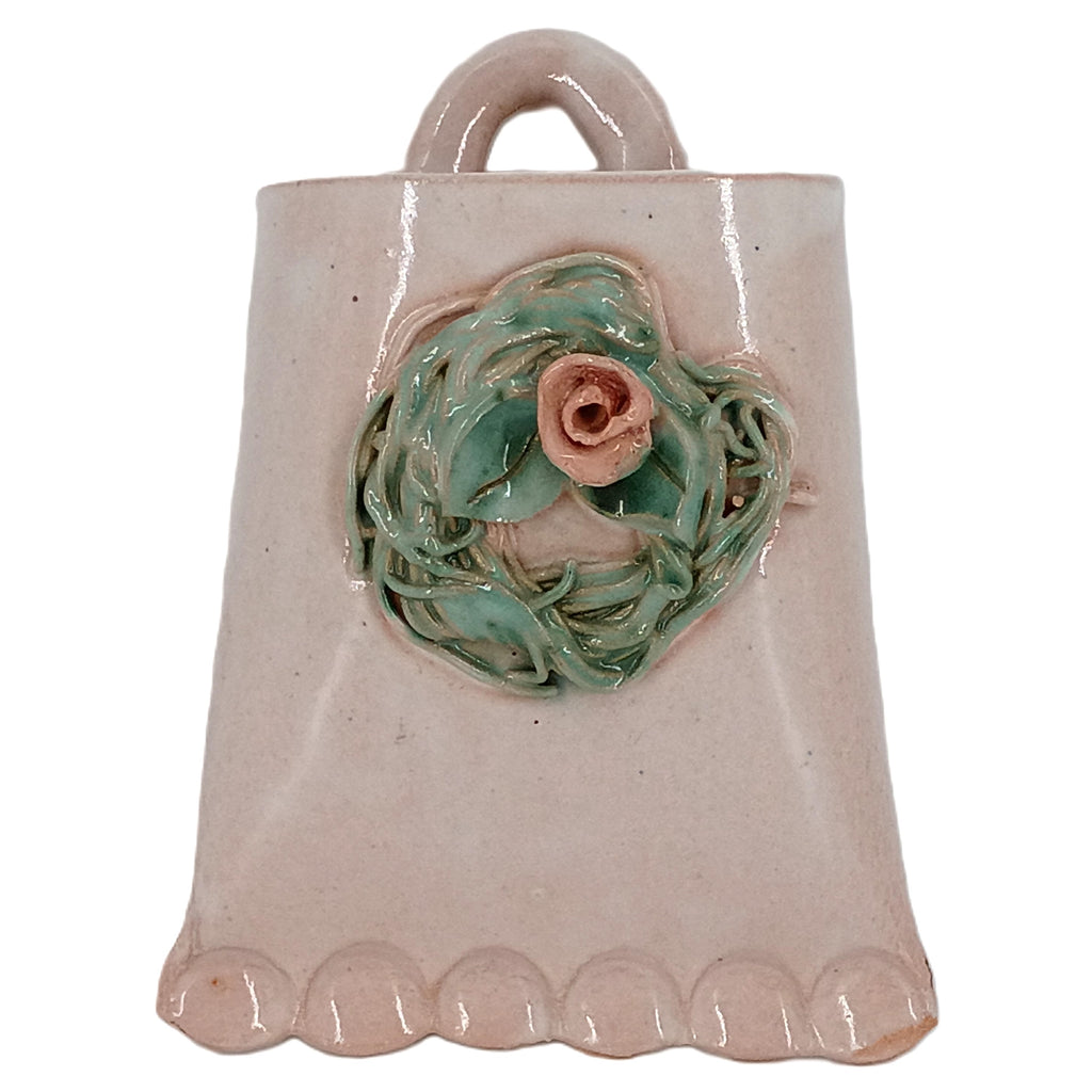 Vintage Miniature Wall Pocket Planter, Pink Ceramic with Green Floral Wreath