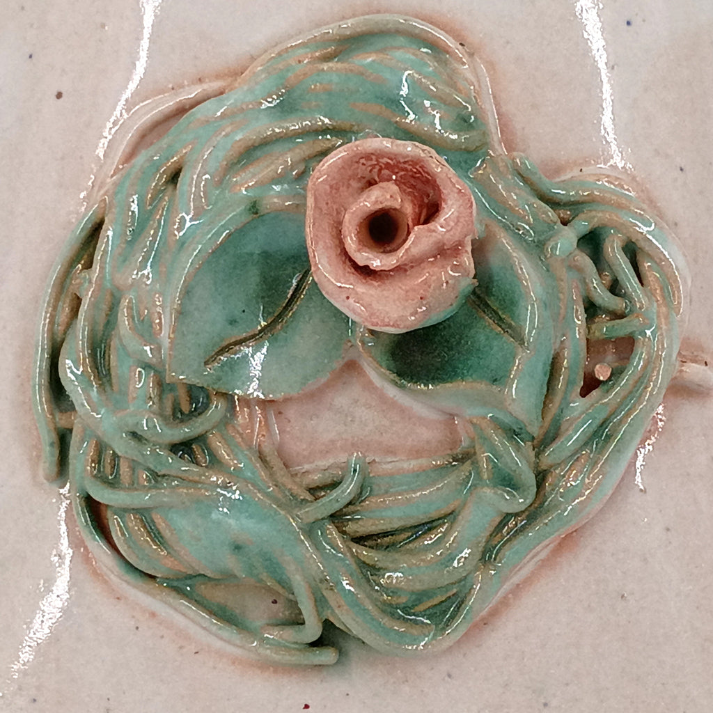 Vintage Miniature Wall Pocket Planter, Pink Ceramic with Green Floral Wreath
