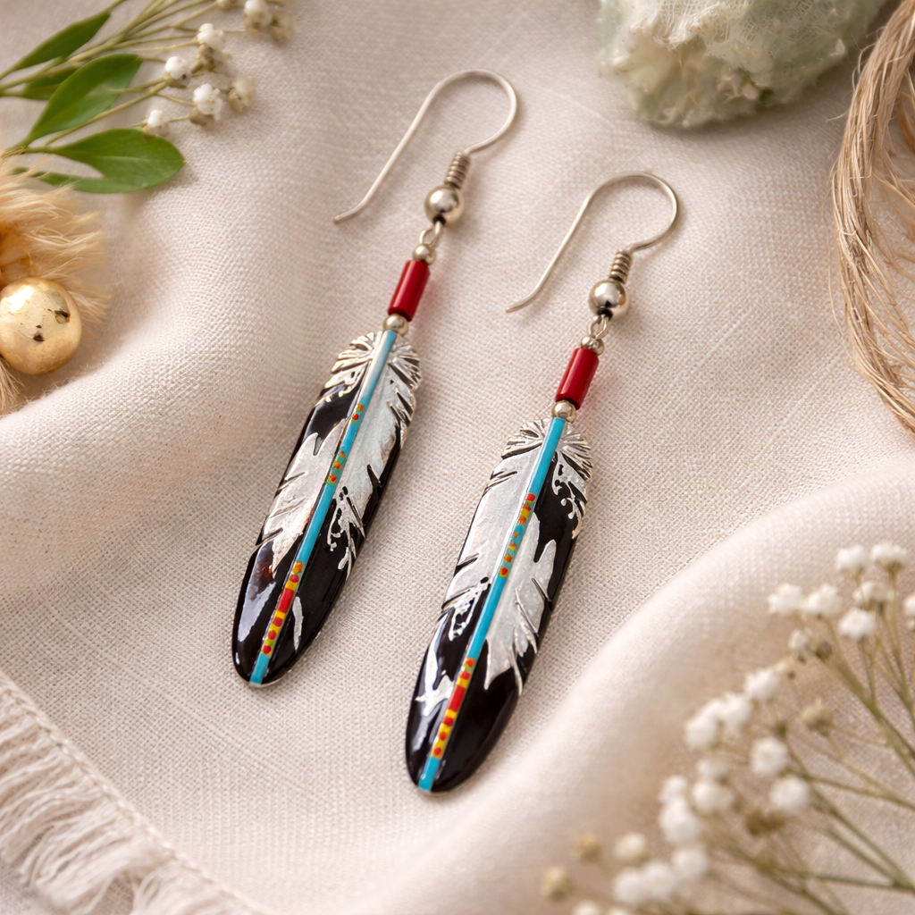 Vintage Native American Sterling Silver Feather Dangle Earrings, Signed Artisan