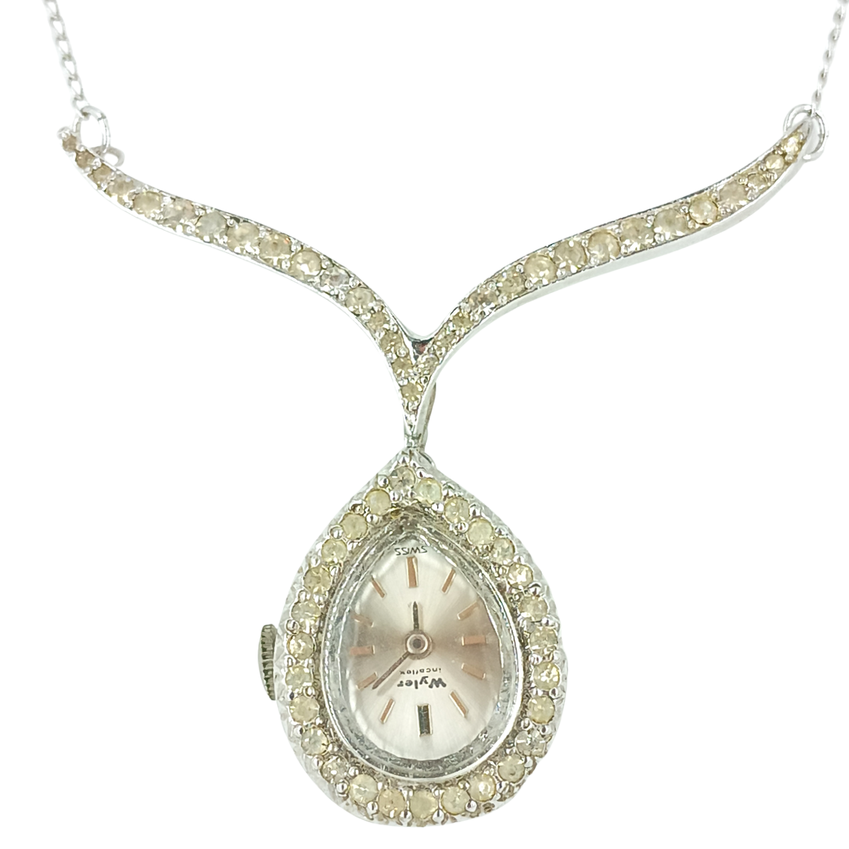 Vintage Wyler Incaflex Teardrop Watch Pendant Necklace – Swiss Made Rhinestone Halo, Mid-Century Elegance