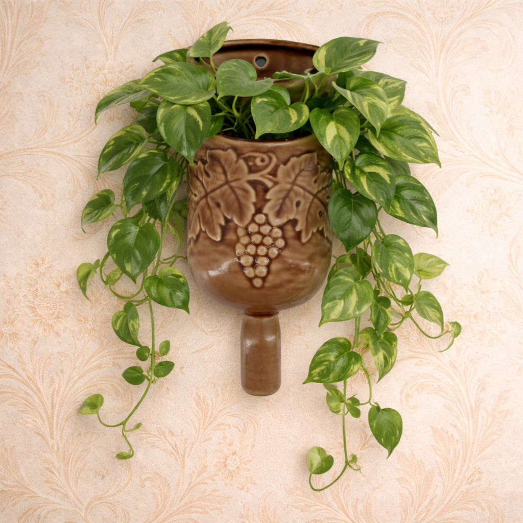 Vintage Pottery Wall Pocket Planter – Brown Drip Glaze Grapevine Relief, Made in America