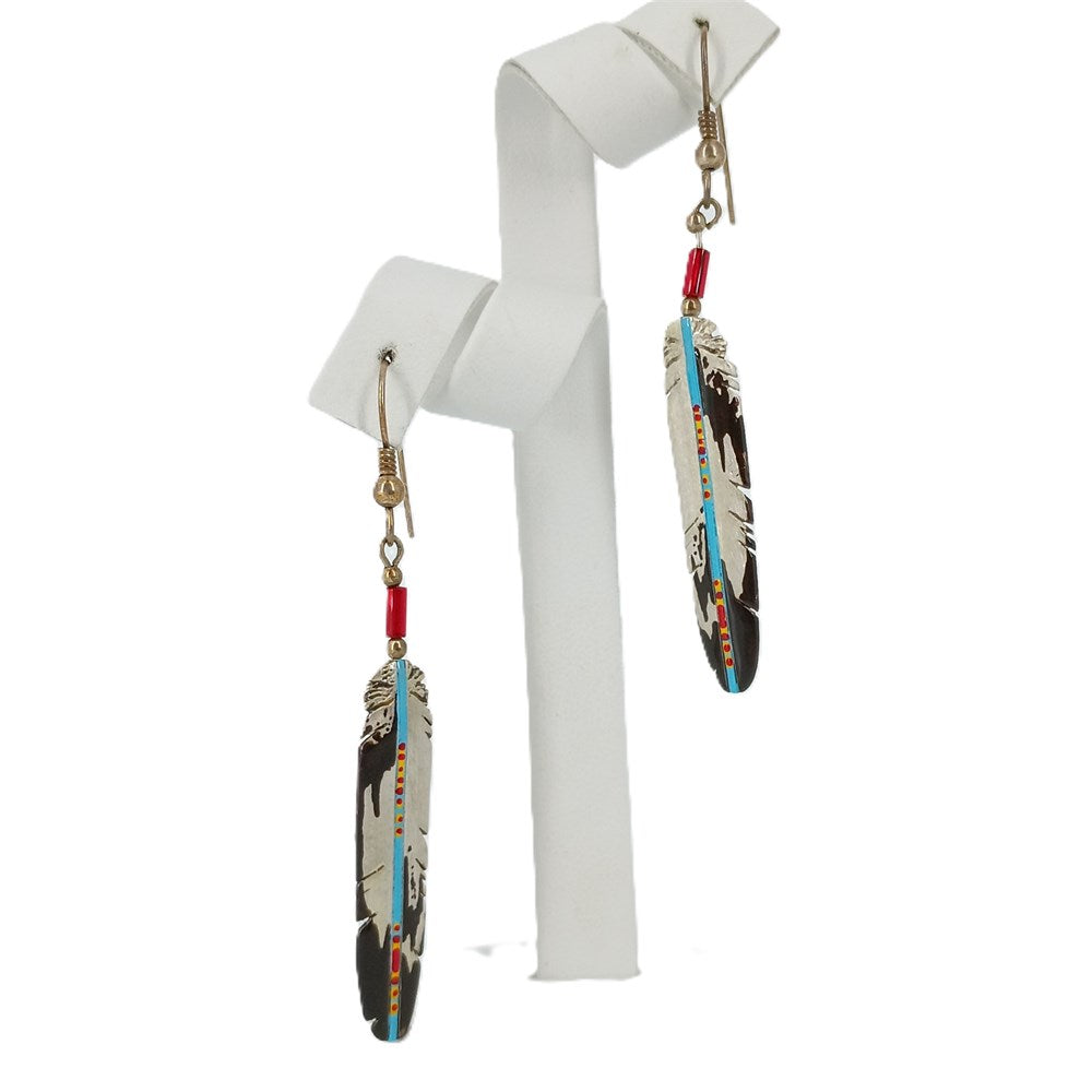 Vintage Native American Sterling Silver Feather Dangle Earrings, Signed Artisan